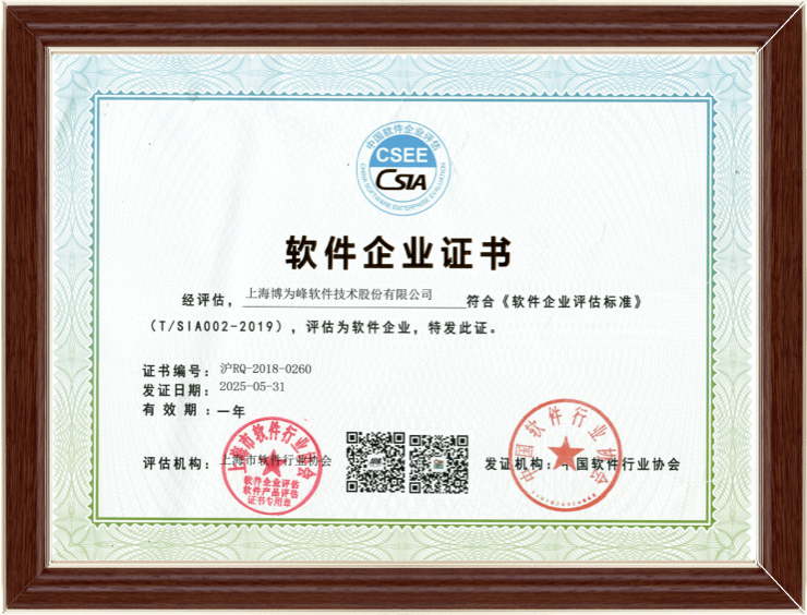 软件企业证书：沪RQ-2018-0260